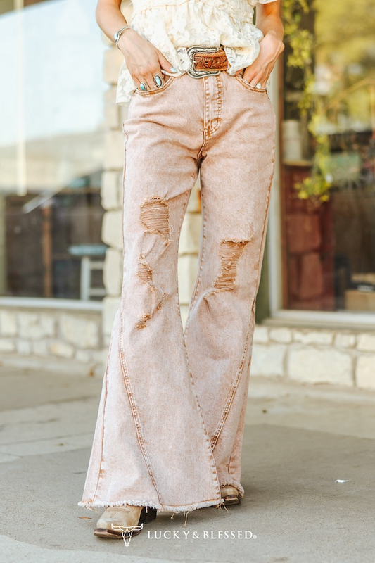 CAMEL MINERAL WASH HIGH RISE DISTRESSED FLARE JEANS (33.5IN INSEAM)