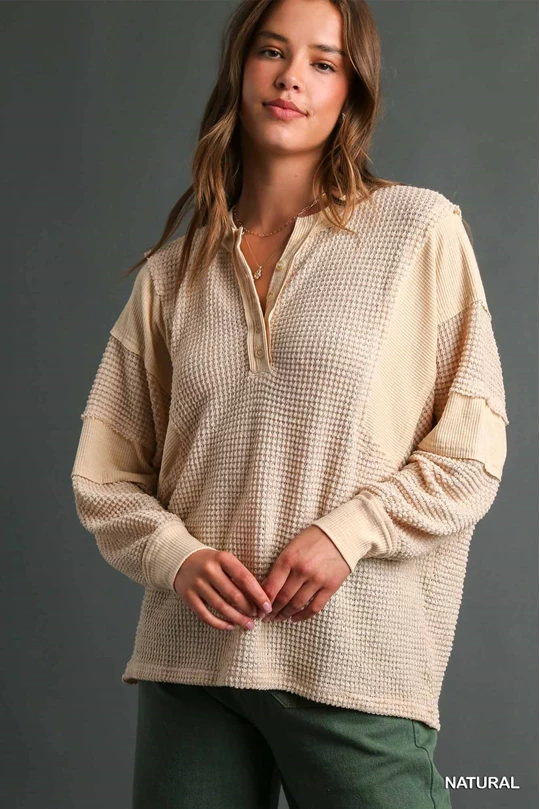 Umgee R0577 Henley Waffle Knit with Contrast Detail Long Sleeve