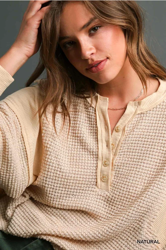 Umgee R0577 Henley Waffle Knit with Contrast Detail Long Sleeve