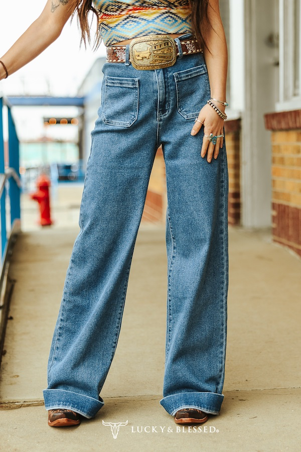 Mid Wash High Rise Trouser Jean Front Pocket