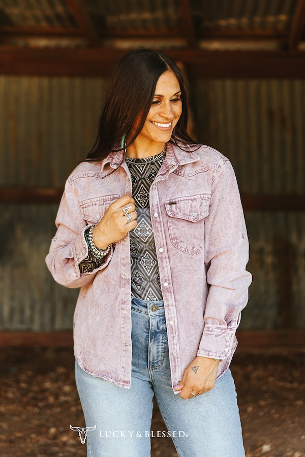 Lavender Mineral Wash Denim Pearl Snap Long Sleeve