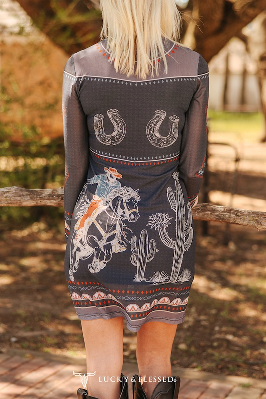 Vintage Cowboy Print Mesh Lined Dress