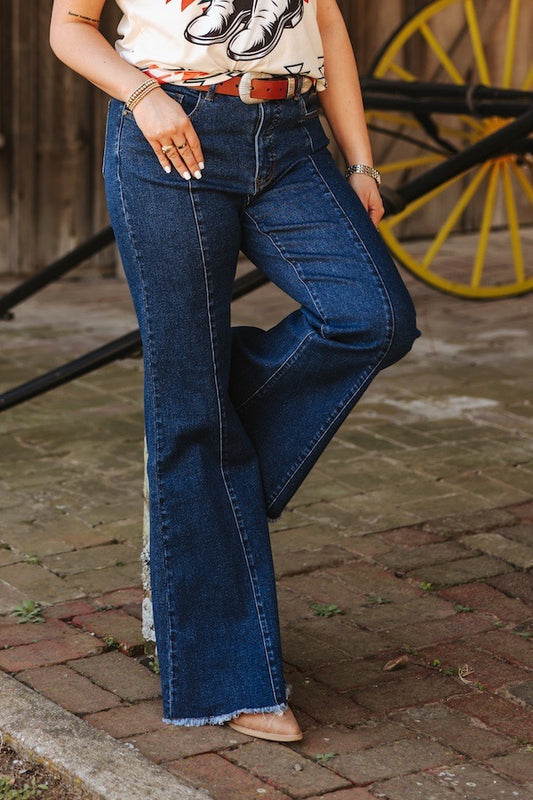 Dark Wash High Rise Raw Hem Wide Leg Flare Jeans (33.5in Inseam)