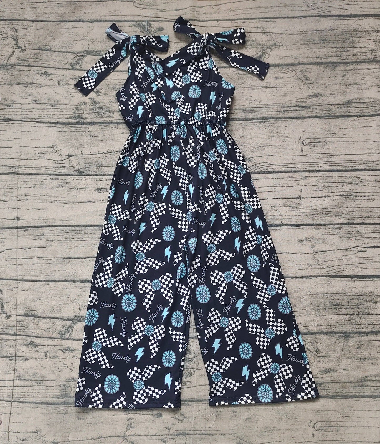 Aier Wholesale - Baby Girls Straps Western Howdy Turquoise Jumpsuit