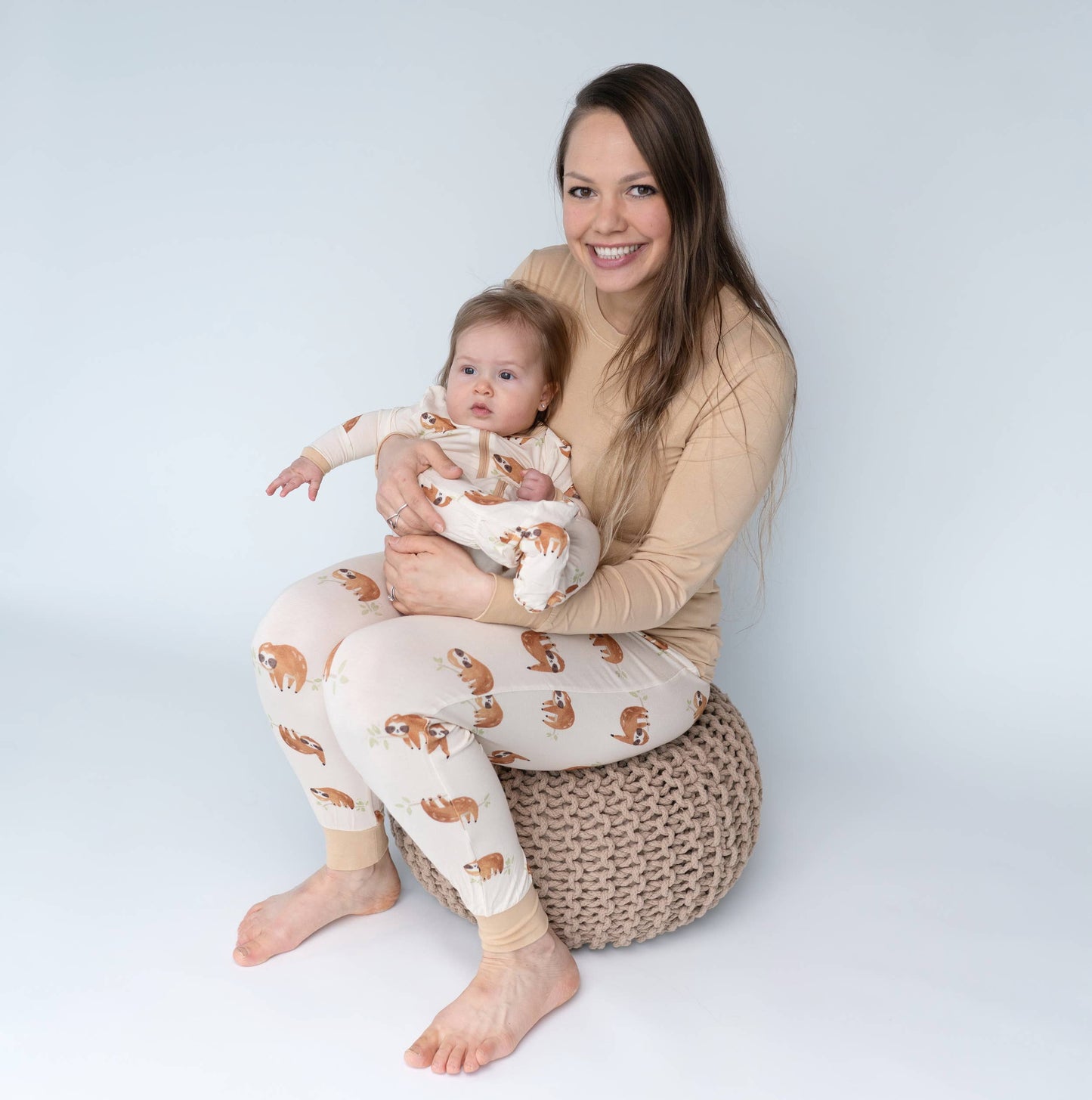 Women's Bamboo Long Sleeve Fitted Pajama Set: L / Prairie/Sleepy Sloth Print