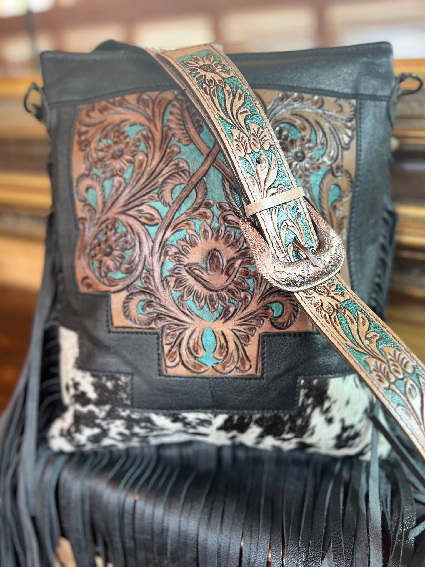 Equipage - Western Tooled Leather Cowhide Purse - Large Buckle Handbag: Turquoise Tooled