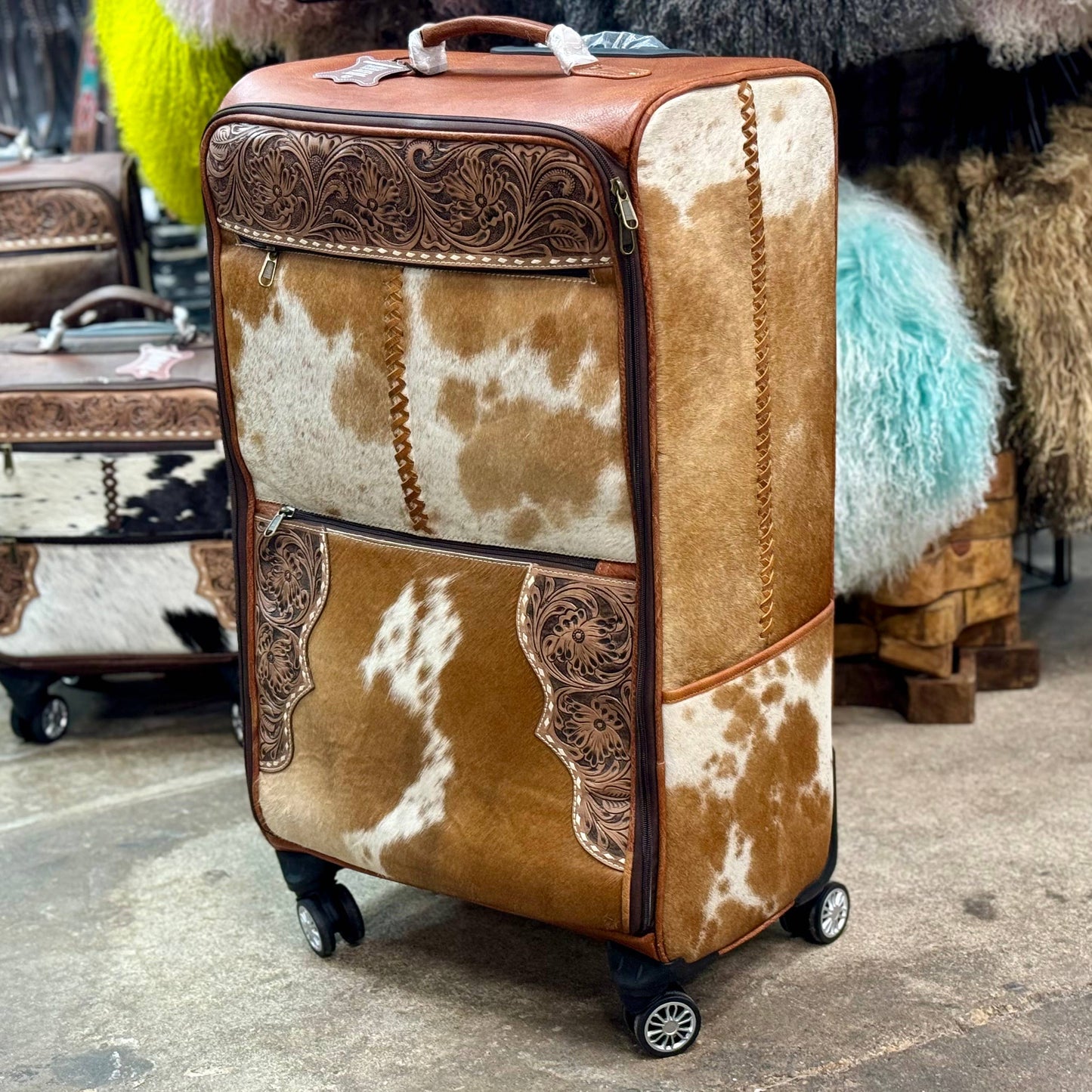 Western Linens - Tooled Cowhide Rolling Luggage XL