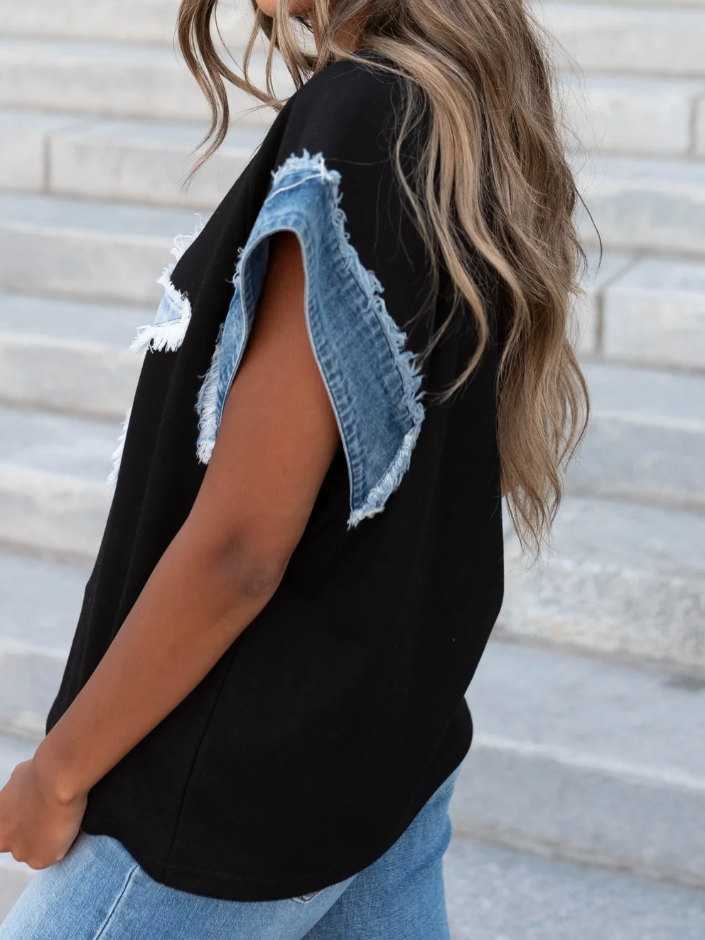 Rosa Clothing - Edgy Denim Star Patch Trim Sleeve Short-Sleeve Top