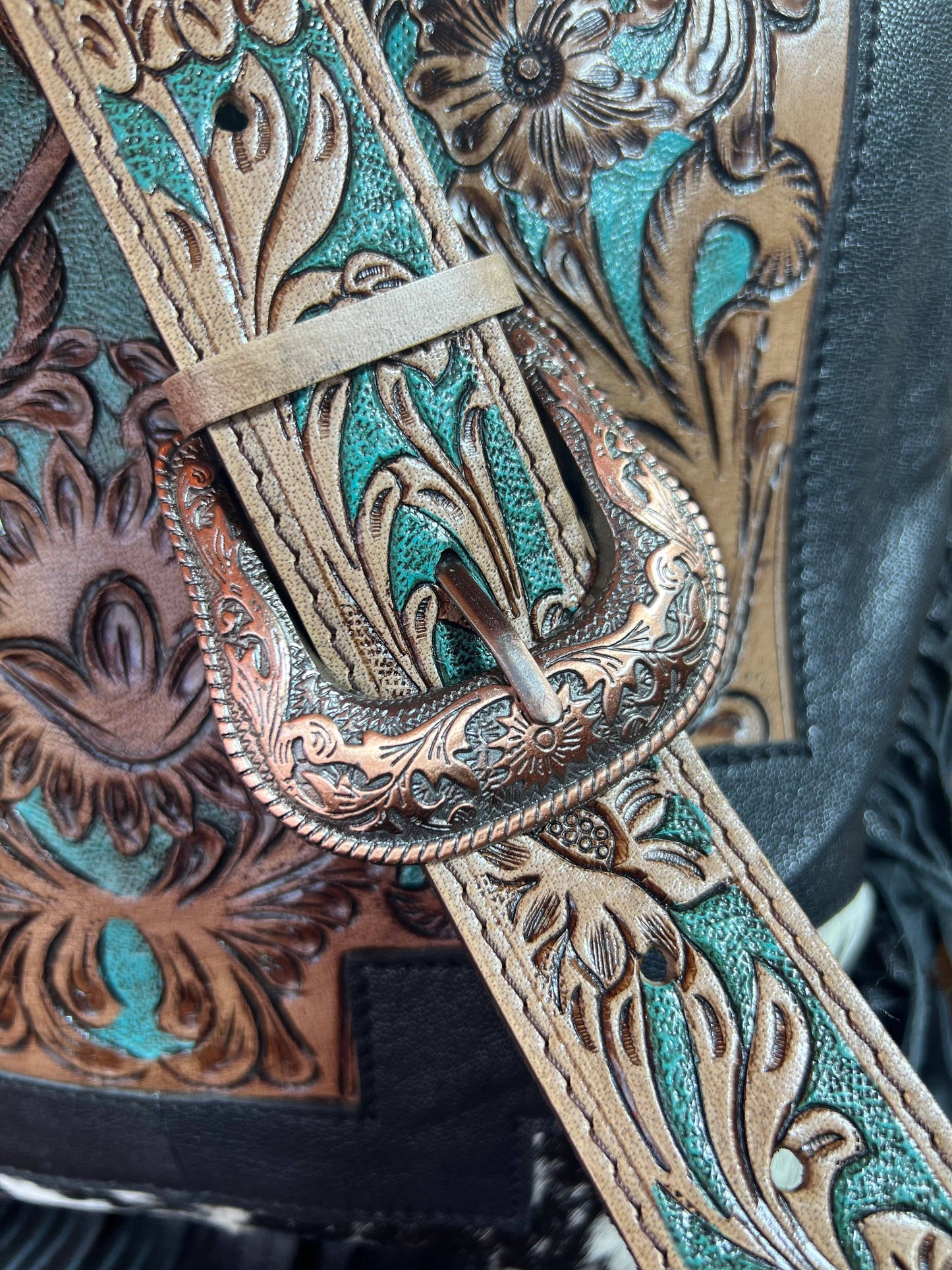 Equipage - Western Tooled Leather Cowhide Purse - Large Buckle Handbag: Turquoise Tooled