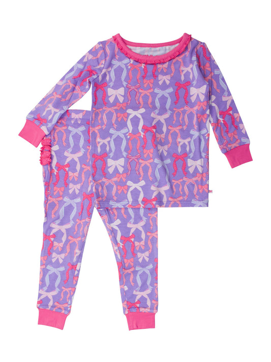 RuffleButts + RuggedButts - Toddler Girls Rosy Ribbons Bamboo Viscose Ruffle Long Sleeve Pajama Set