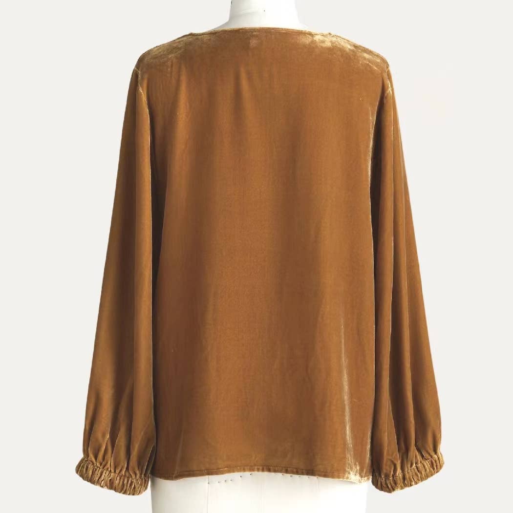 Solid Velvet Drap Neckline Three-Quarters Sleeves Top: