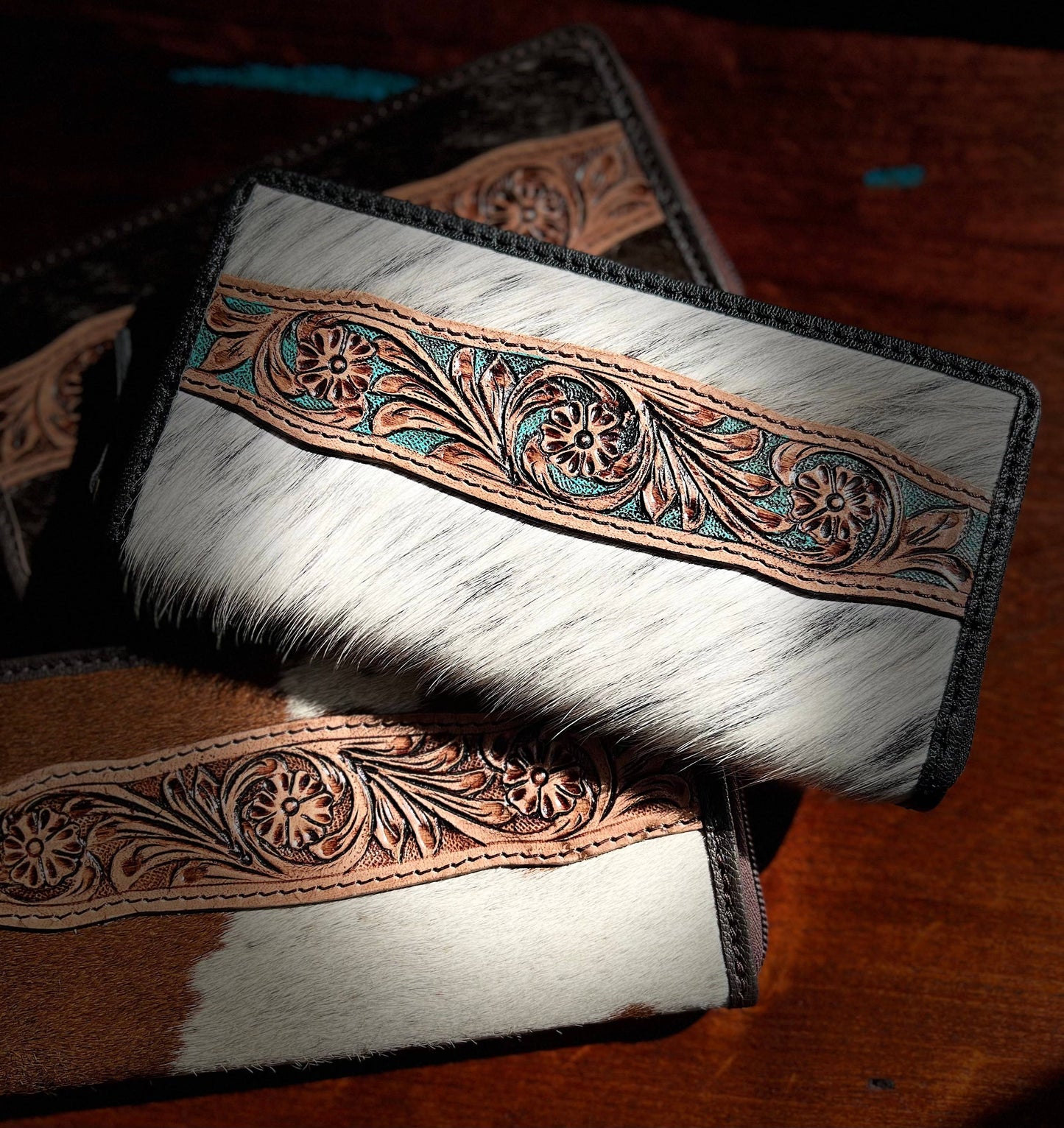 Equipage - Tooled Leather Floral Cowhide Zip Close Wallet: Turquoise Tooled