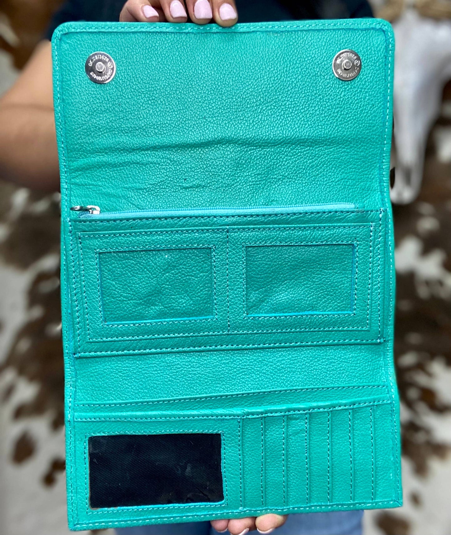 Western Linens - Turquoise BootStitch Tooled Leather Women's Wallet