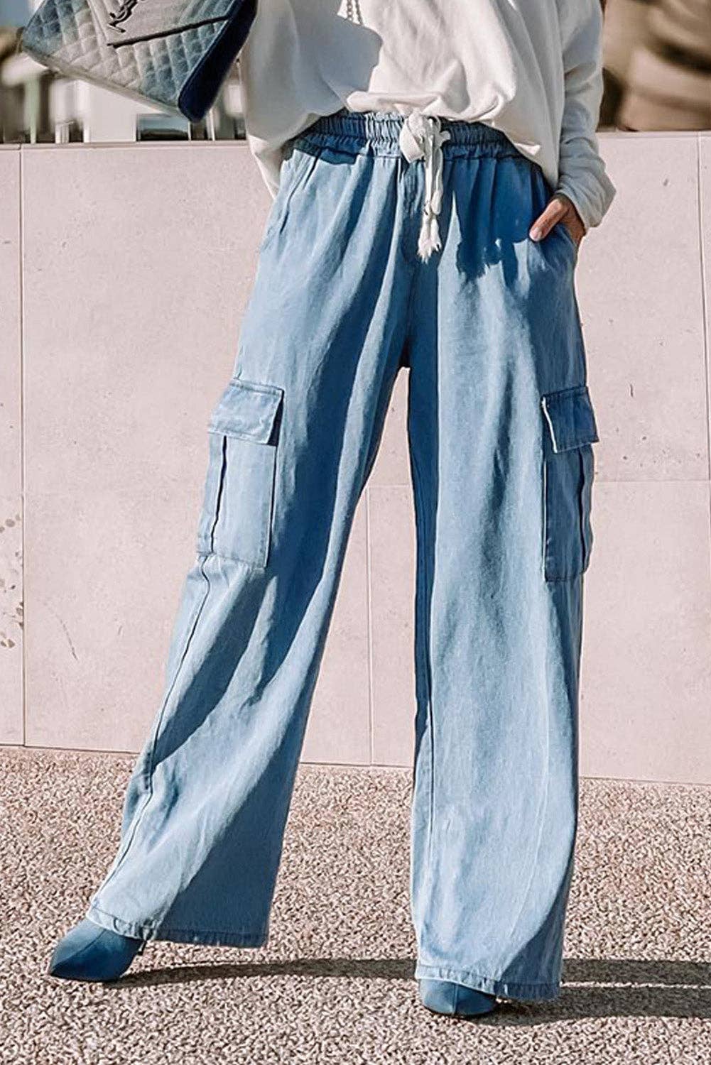 FULL TIME PURCHASE - Drawstring High Waist Cargo Pocket Wide Leg Jeans: Blue