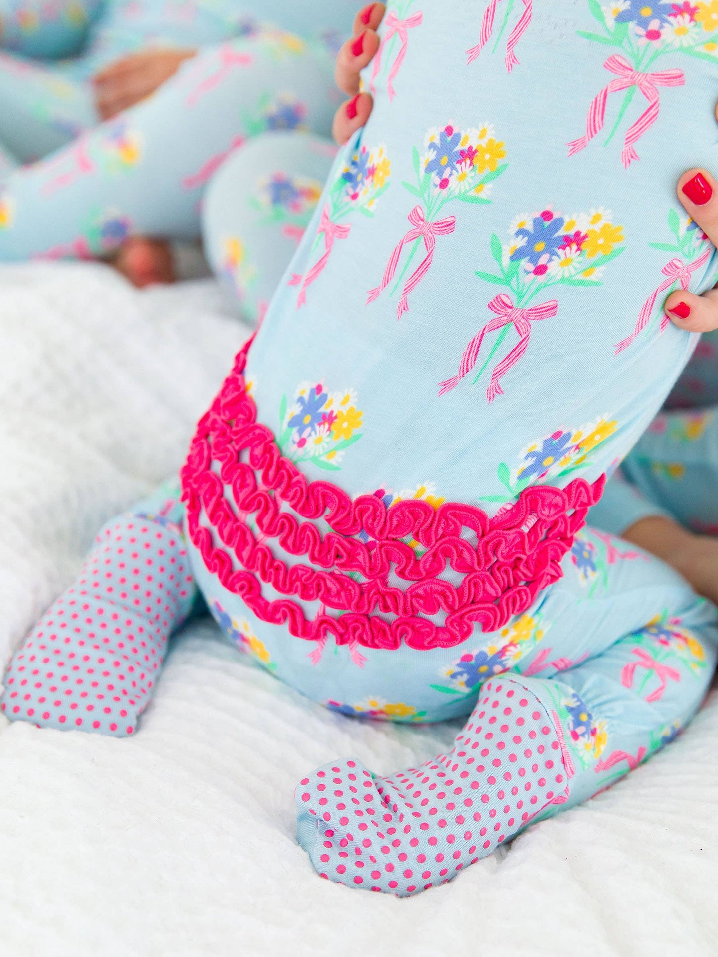 RuffleButts + RuggedButts - Baby Girls Bows and Bouquets Bamboo Viscose Footed Ruffle One Piece Pajama