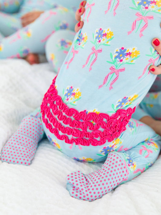 RuffleButts + RuggedButts - Baby Girls Bows and Bouquets Bamboo Viscose Footed Ruffle One Piece Pajama