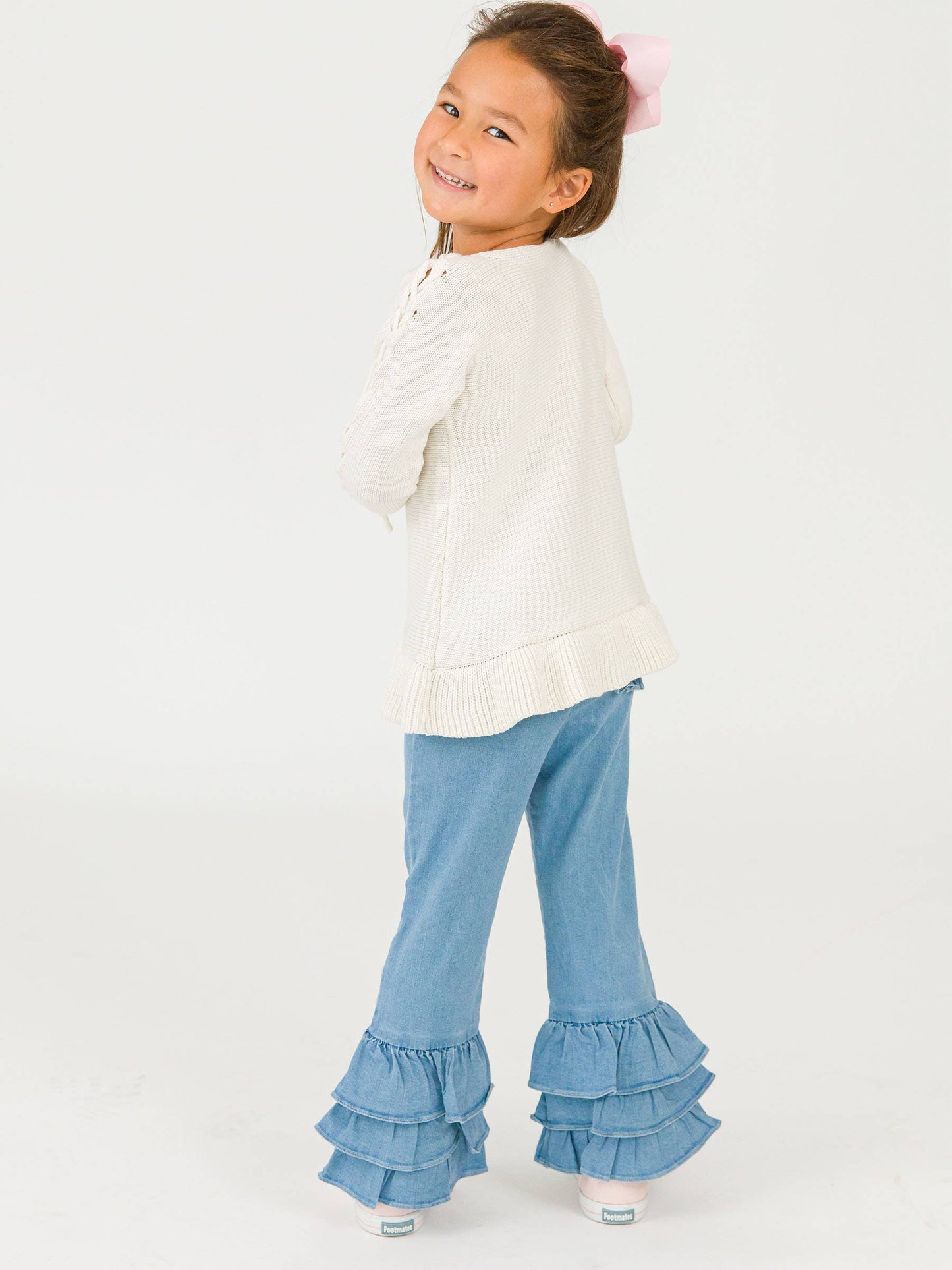 RuffleButts + RuggedButts - Toddler Girls Light Wash Denim Denim Ruffle Flare Pants with Signature Rear Ruffles