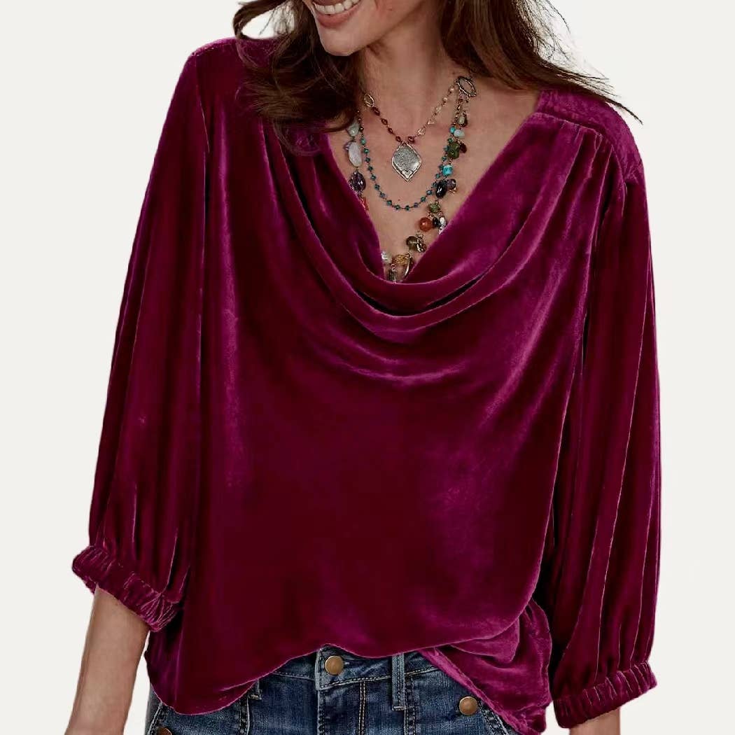 Solid Velvet Drap Neckline Three-Quarters Sleeves Top: