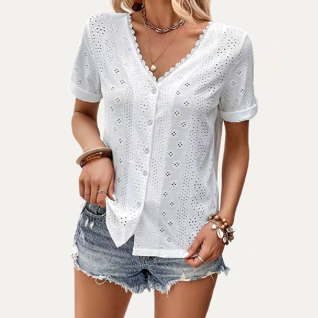 On-Trend Pierced Pointelle V Neck Short Sleeve Top