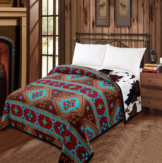 Western Linens - Brown Aztec - Cowprint Mia Reversible 2 Design Blanket   