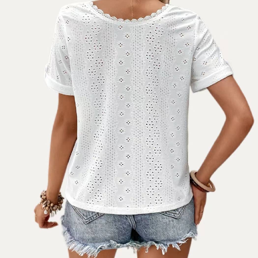 On-Trend Pierced Pointelle V Neck Short Sleeve Top