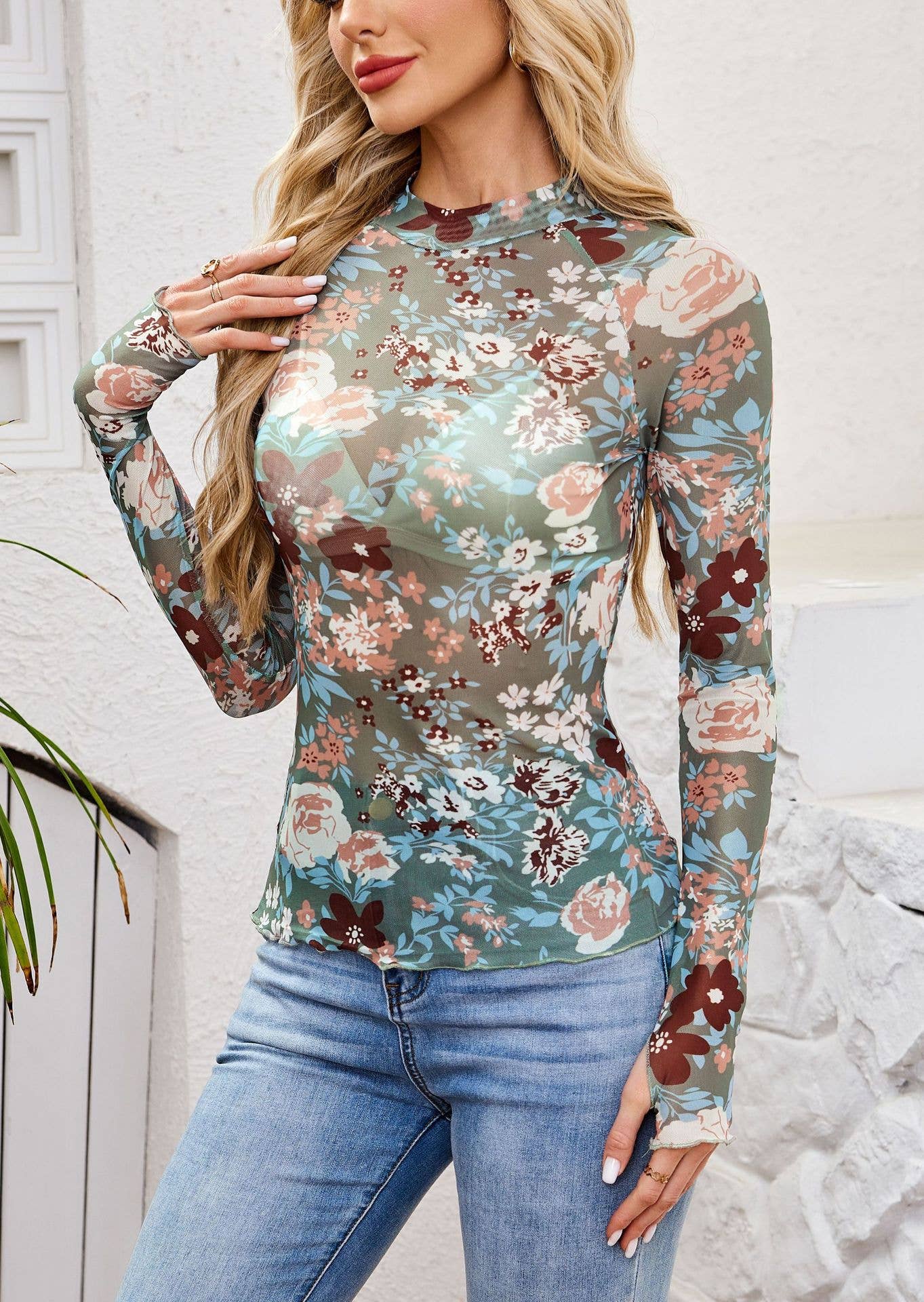 Rosa Clothing - Floral Print Mock Neck Sheer Mesh Top