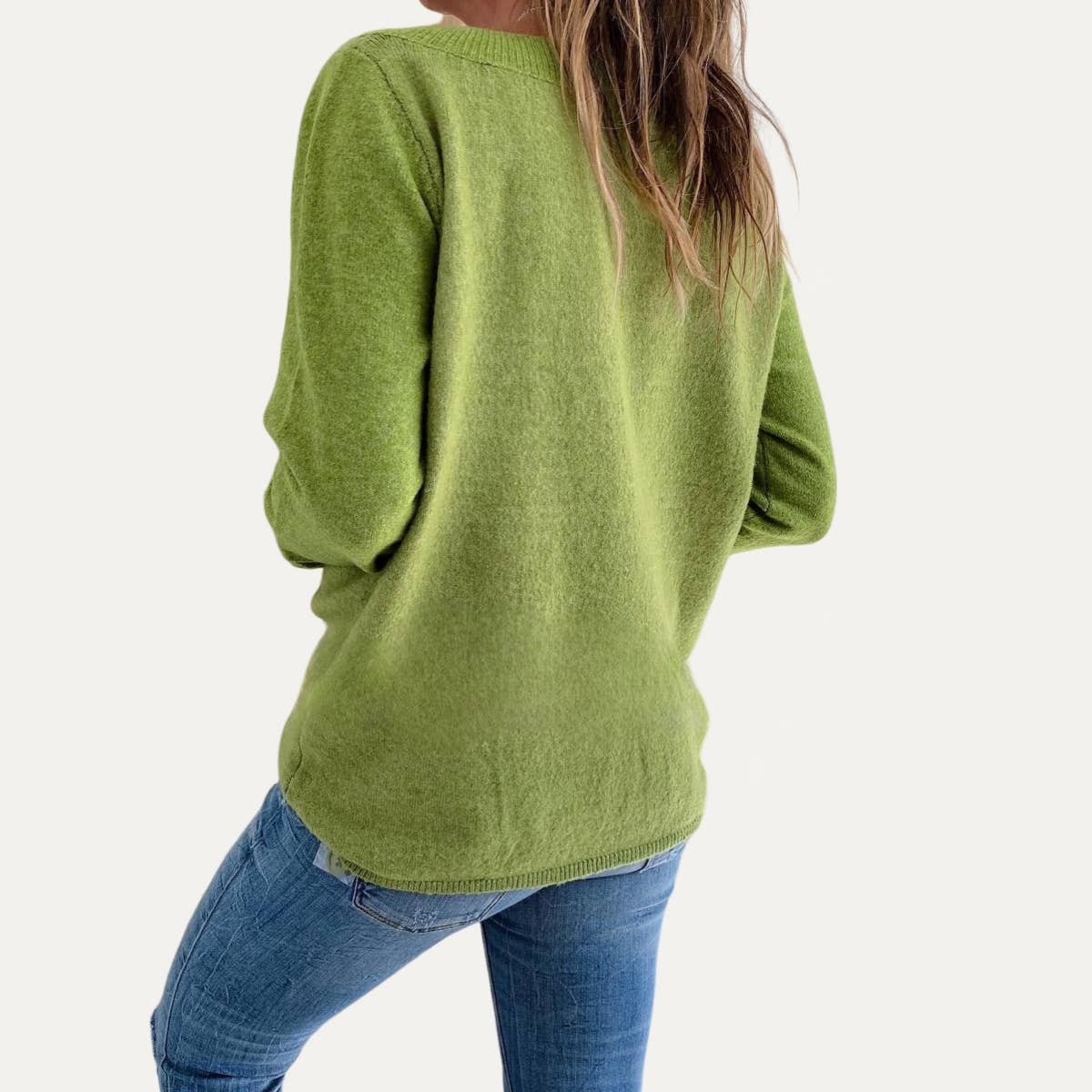 So Trendy Green V-Neck Long Sleeve Knit Sweater: Green