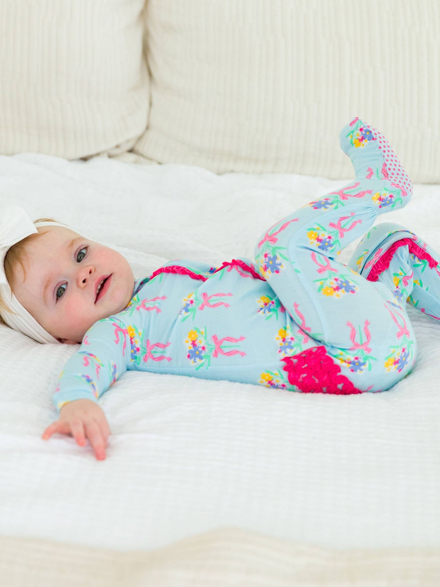 RuffleButts + RuggedButts - Baby Girls Bows and Bouquets Bamboo Viscose Footed Ruffle One Piece Pajama