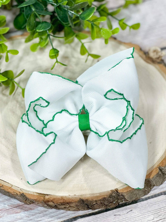 The Hair Bow Company - White with Green Moonstitch Hair Bow