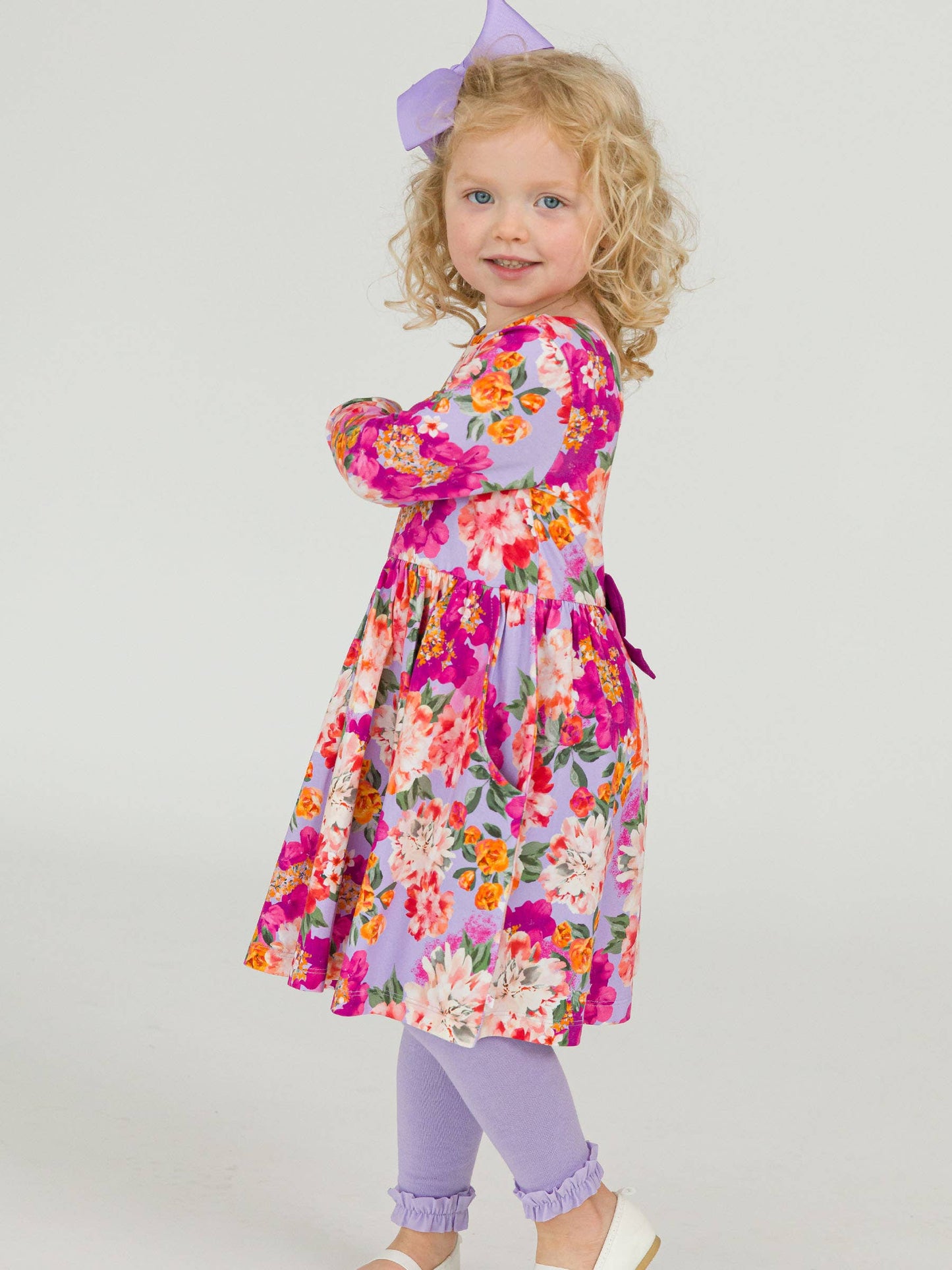 RuffleButts + RuggedButts - Girls Lavender Valley Knit Long Sleeve Twirl Dress