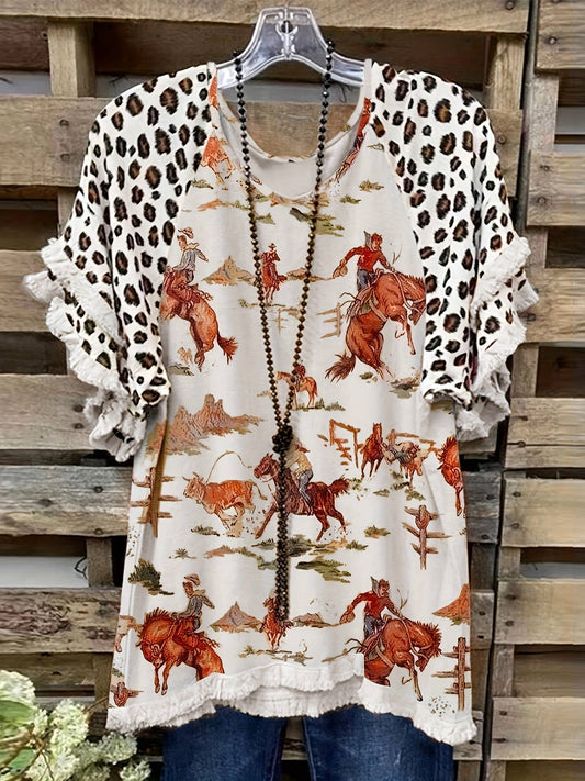 Rosa Clothing - Ruffled Leopard Print Sleeve Rodeo Western T-Shirt