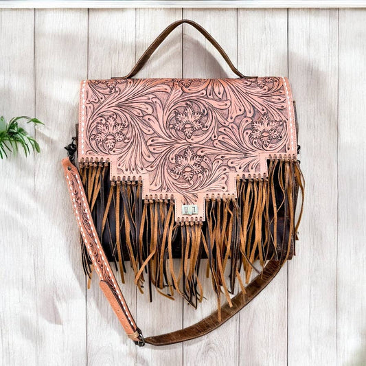 Western Linens - Oversize hand tooled fringe carry shoulder bag 