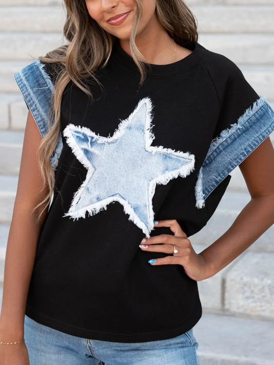 Rosa Clothing - Edgy Denim Star Patch Trim Sleeve Short-Sleeve Top