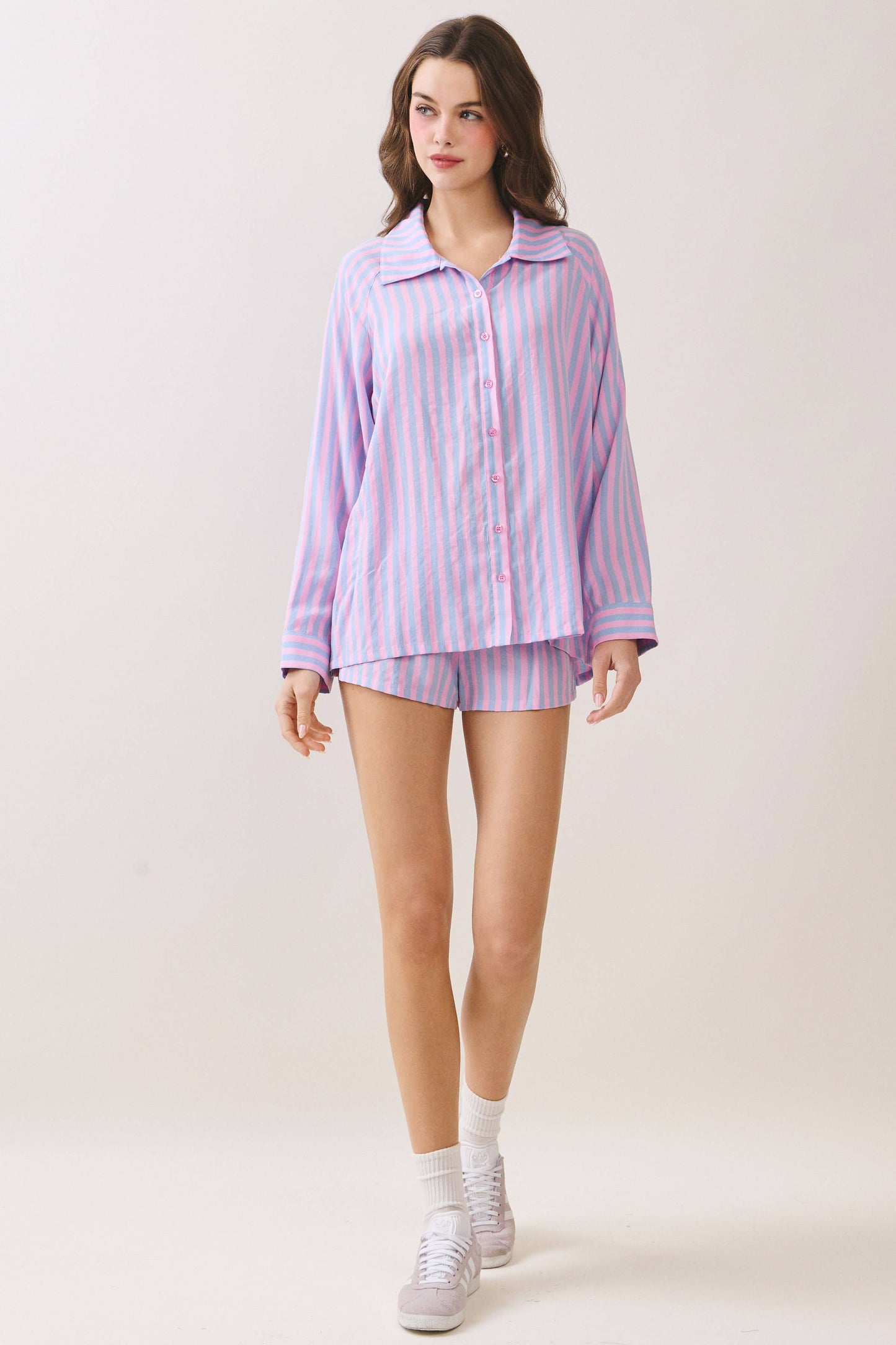 TCEC - CST1047-Striped Button Up Shirt and Matching Shorts Set