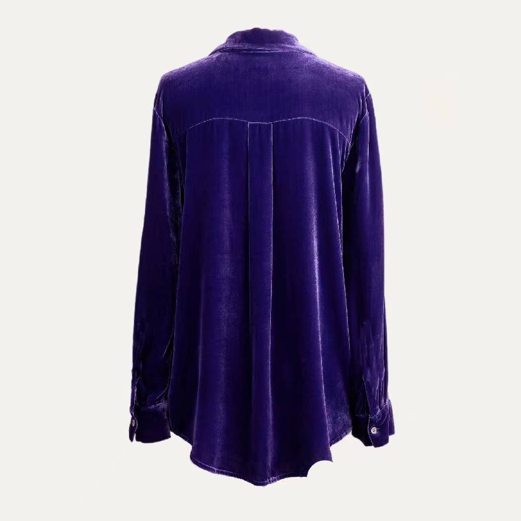 Classic Solid Velet Collared Buttons Down Long Sleeve Top: Purple / S