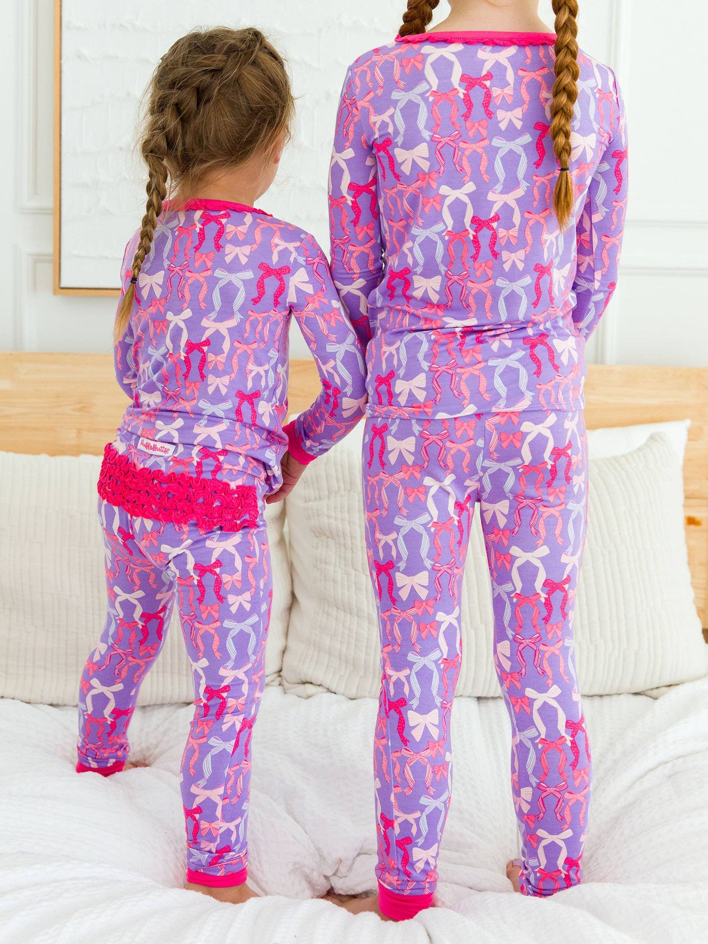 RuffleButts + RuggedButts - Toddler Girls Rosy Ribbons Bamboo Viscose Ruffle Long Sleeve Pajama Set