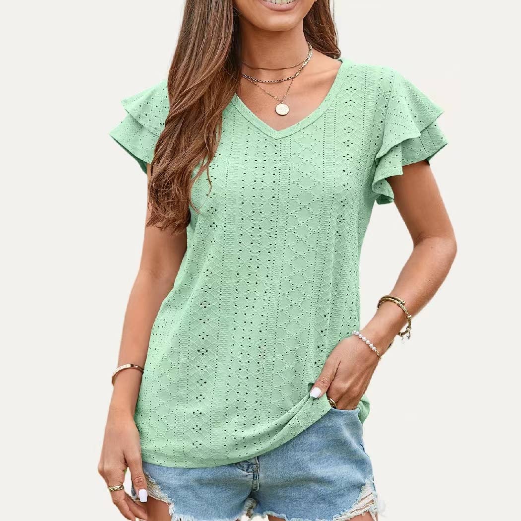 Chic Ruffle V Neck Pierced Pointelle Sheer Short Sleeve Top: WHITE / L