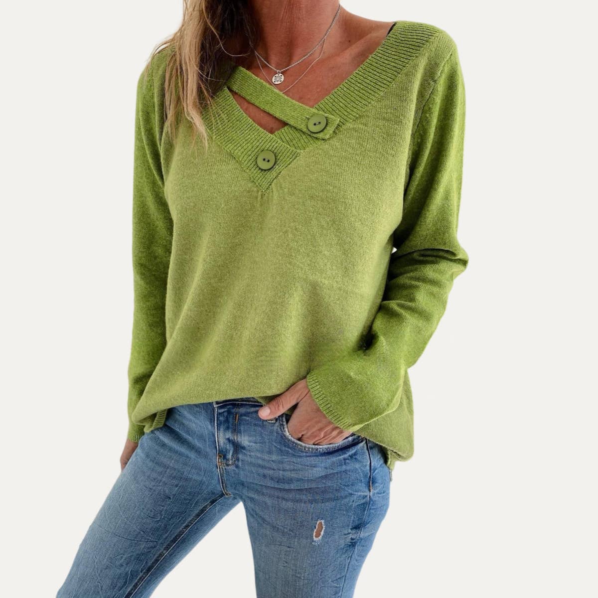 So Trendy Green V-Neck Long Sleeve Knit Sweater: Green