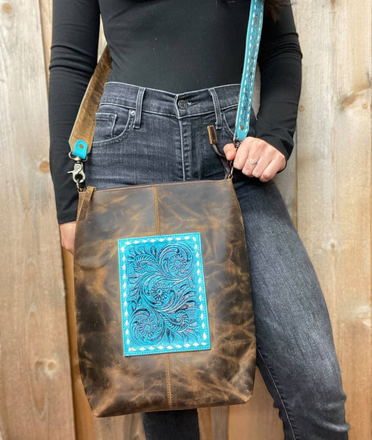 Western Linens - Turquoise Rustic Leather & Tooled Floral Crossbody  