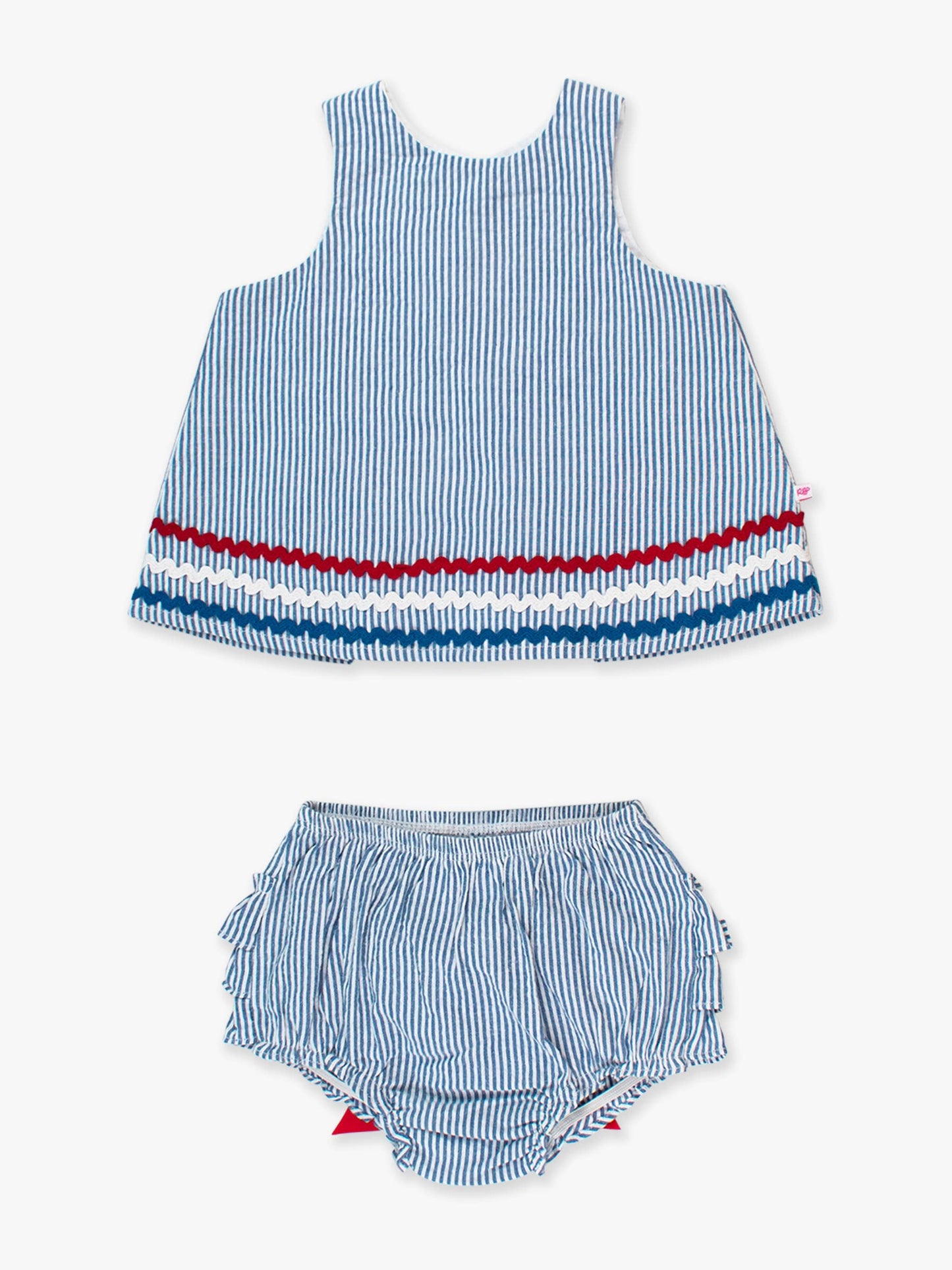 RuffleButts + RuggedButts - Baby Girls Classic Blue Americana Seersucker Ric Rac Swing Top & Bloomer Set