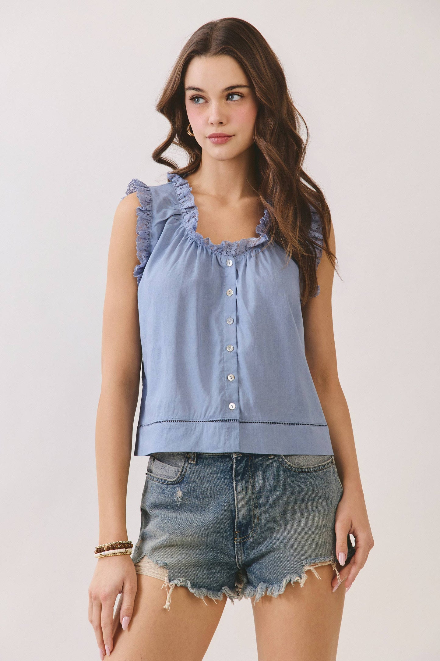 TCEC - CT9933-Lace Trim Button Front Sleeveless Blouse