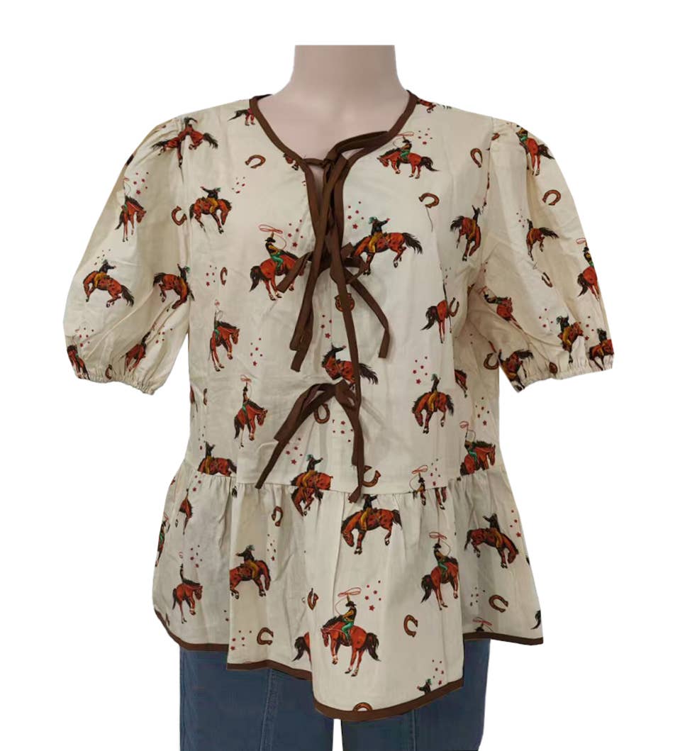 Rosa Clothing - Western cowboy Rodeo tie front puff sleeve cotton blouse
