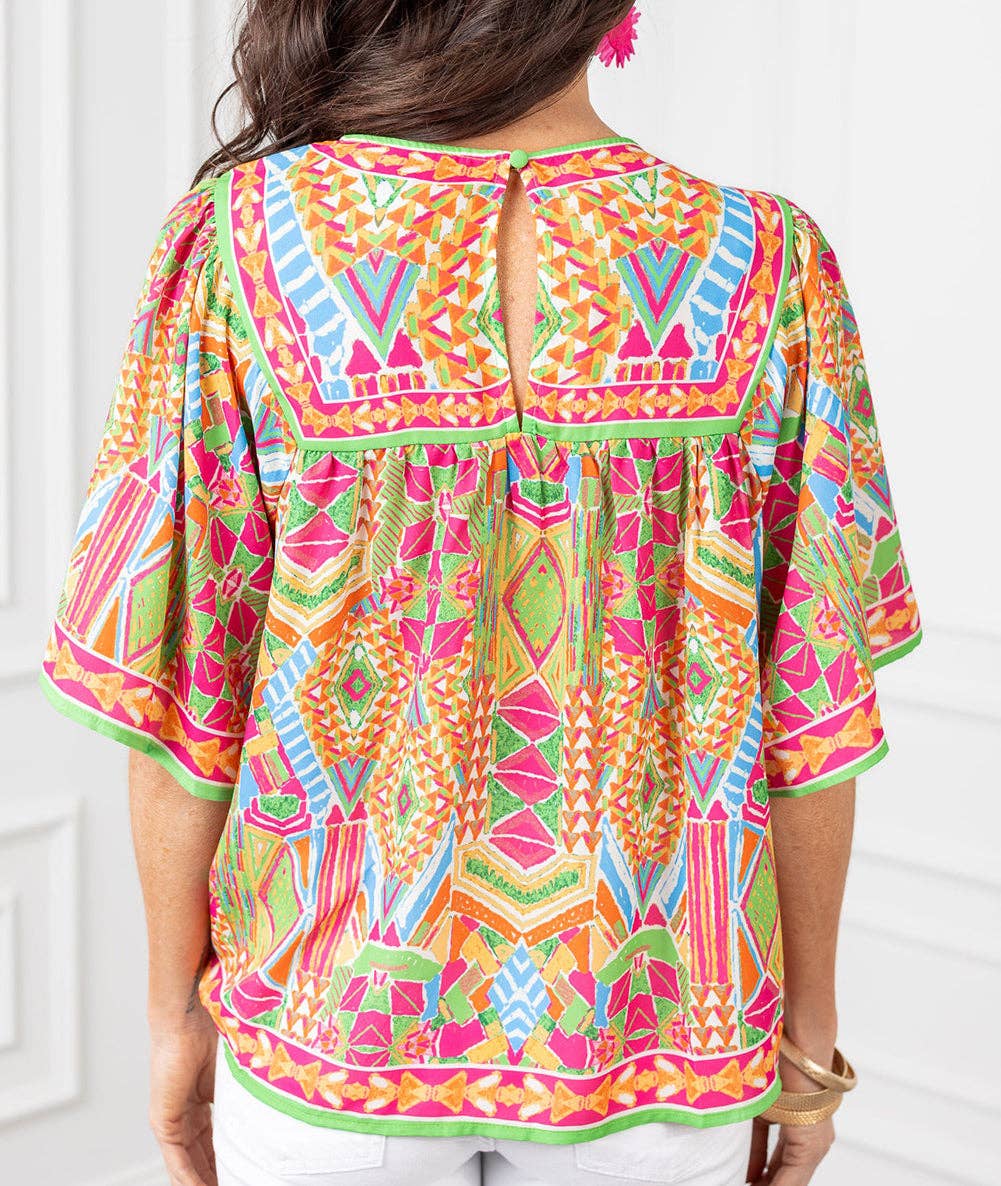 FULL TIME PURCHASE - Geometric Print Bell Sleeve O Neck Babydoll Blouse