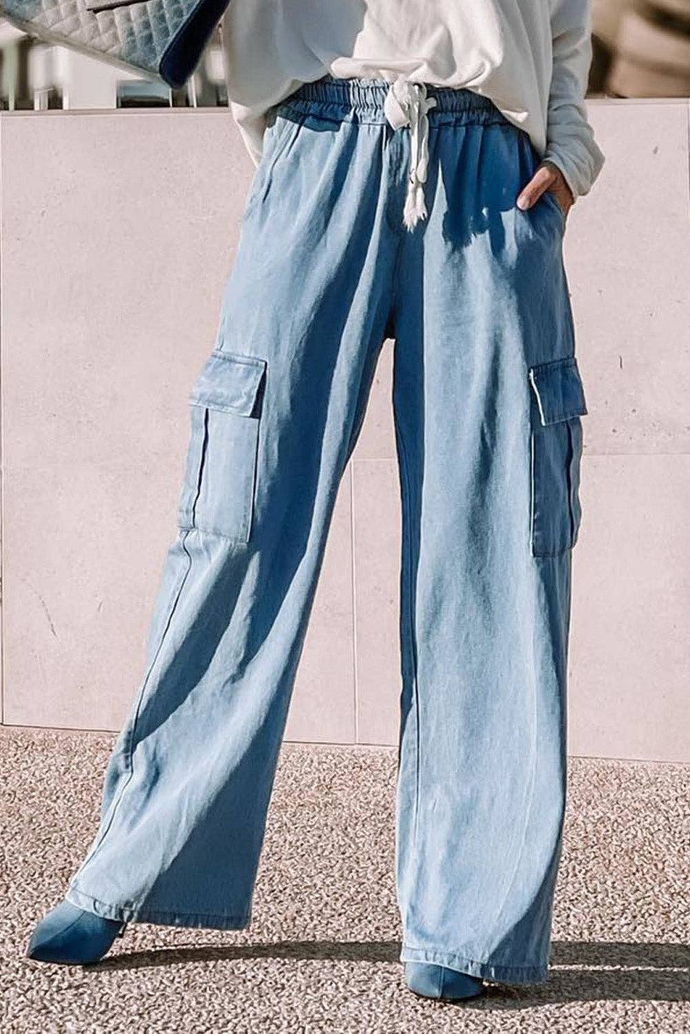 FULL TIME PURCHASE - Drawstring High Waist Cargo Pocket Wide Leg Jeans: Blue