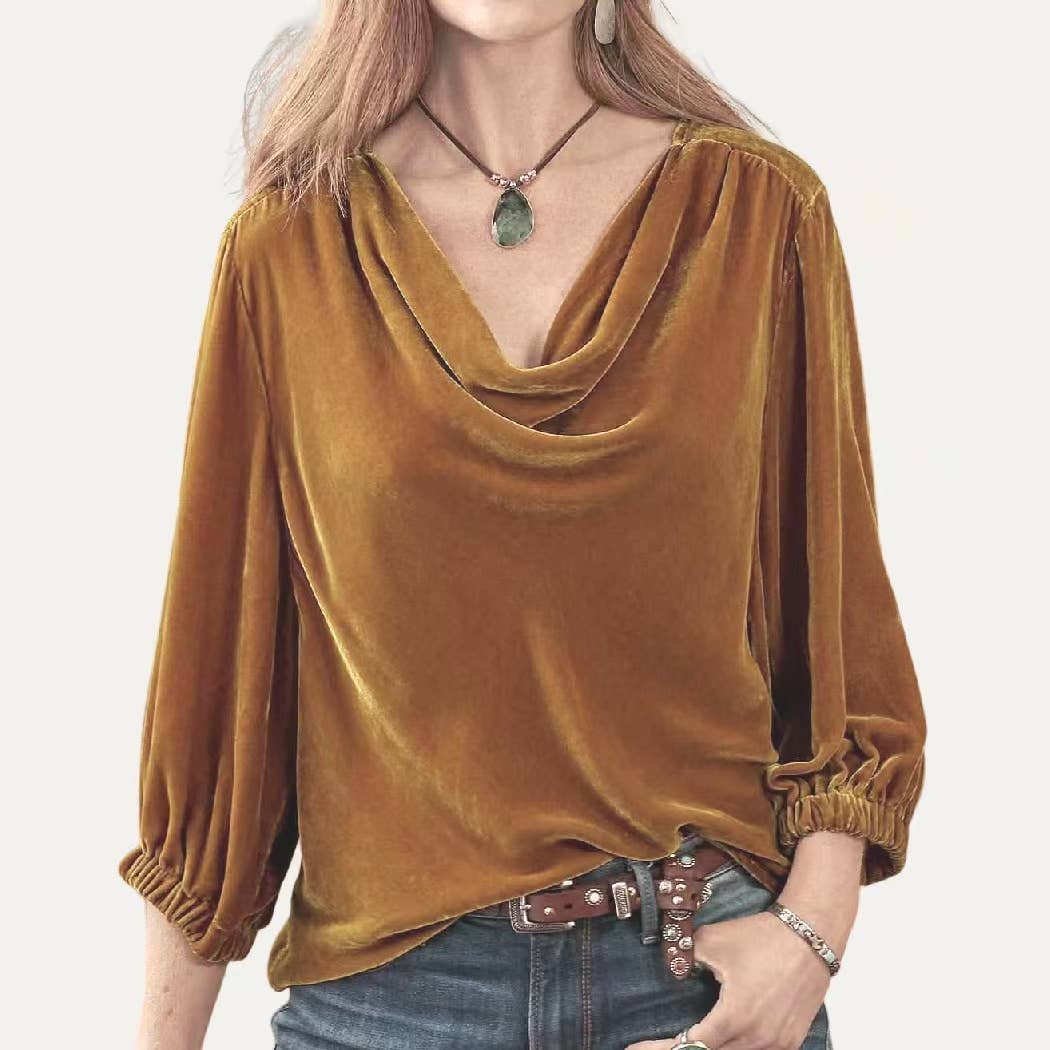 Solid Velvet Drap Neckline Three-Quarters Sleeves Top: