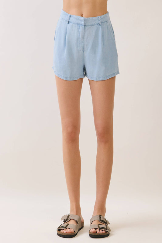 Light Denim Pleated Detail Tailored Shorts
