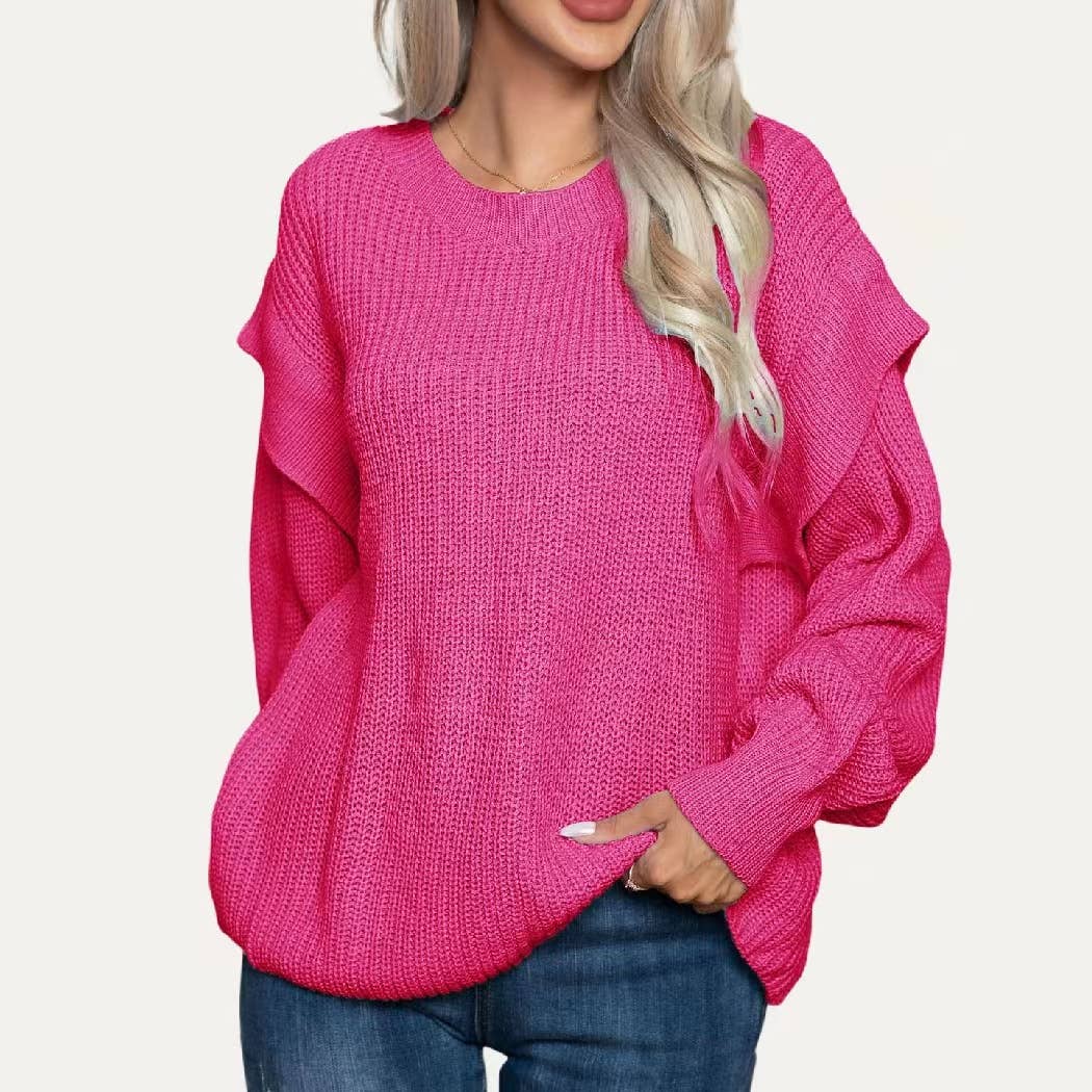 Classic Solid Round Neck Drop Shoulder Long Sleeve Sweater: Purple