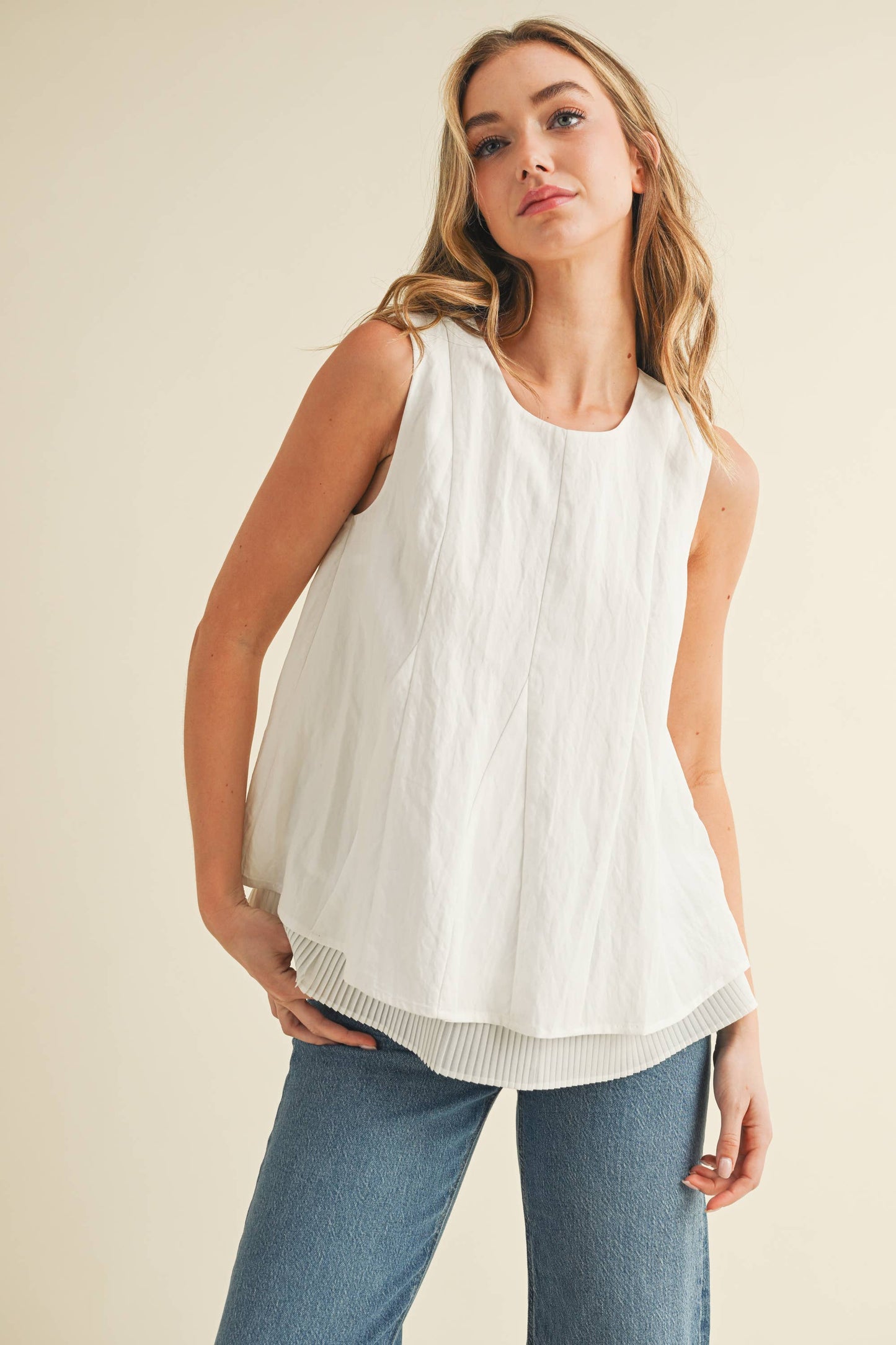 TCEC - CT9468-Pleated throughout Sleeveless A Line Top