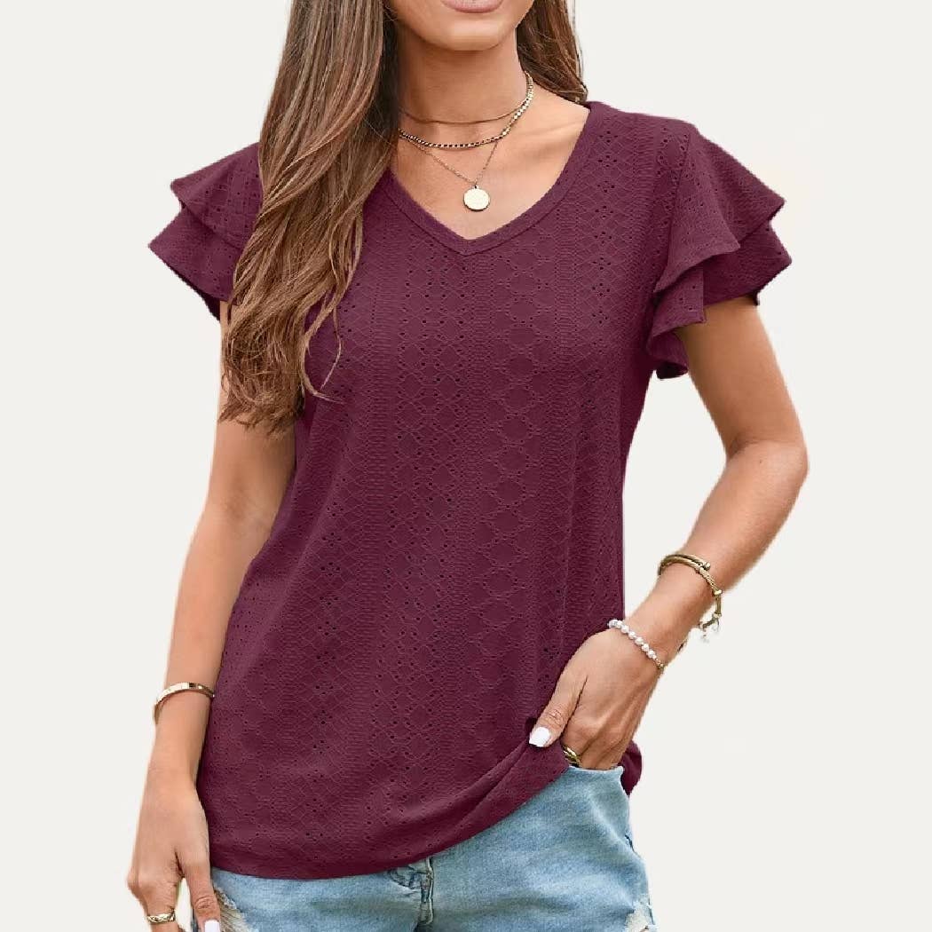 Chic Ruffle V Neck Pierced Pointelle Sheer Short Sleeve Top: BLACK / L