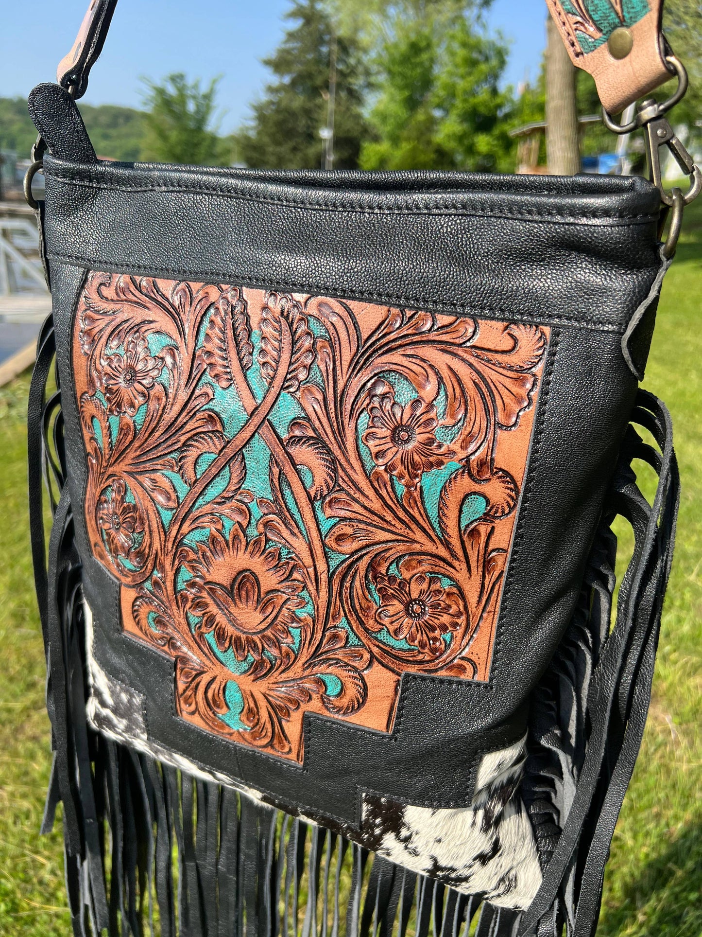 Equipage - Western Tooled Leather Cowhide Purse - Large Buckle Handbag: Turquoise Tooled